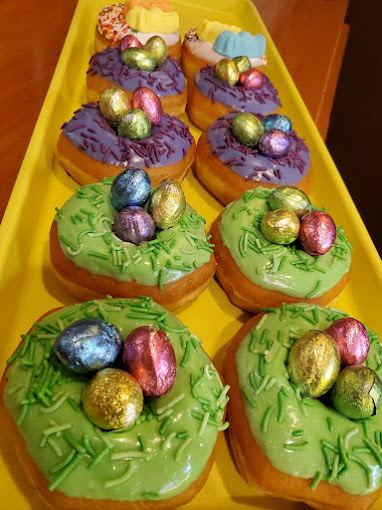 Easter-themed decorated donuts
